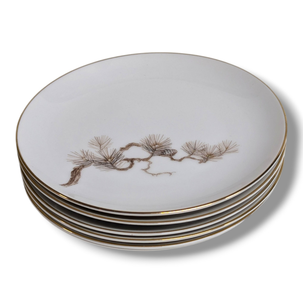 Vtg Larchmont By Sango Japan Set Of 6 Dessert / Bread Plates Pine Branch Pattern - Picture 4 of 4